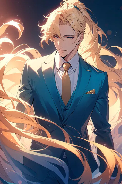 1 handsome manly male, long flowing blonde hair in high ponytail, calm golden eyes, languid gaze, 30 years old, high detaiL, perfect eyes, look away, solo, sexy, good posture, bad boy aesthetic, he is wearing teal suit and tie, sexy smile