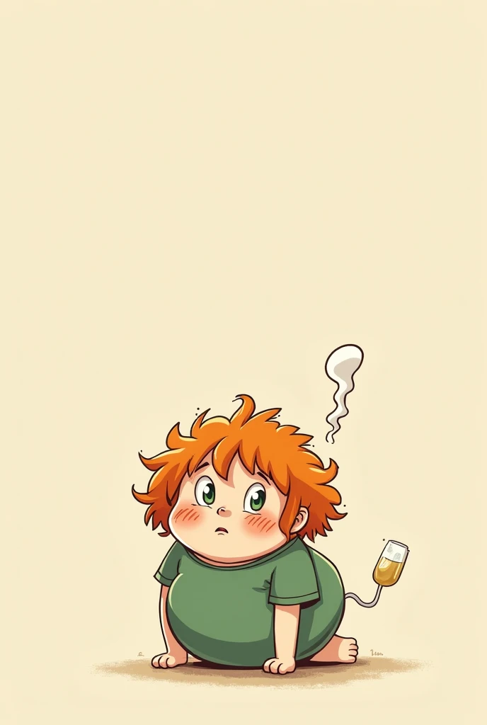 Draw an image/illustration of a small little fat girl with orange hair and lighter brown freckles with green eyes with a green shirt accidentally farting (getting gas out)