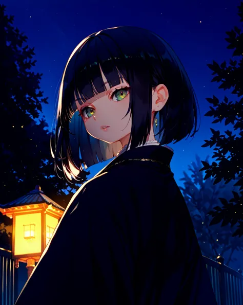  Masterpiece,  top quality,  super detailed.  1 girl,   bob cut,   black hair, blunt bangs, blunt ends,  black kimono,  amaryllis print,  night sky