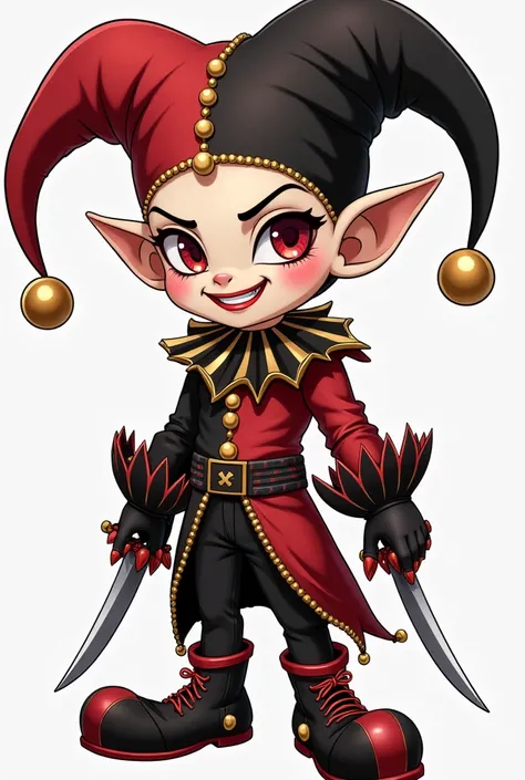 Adult goblin man , short stature,  pointy ears,  painted clown face ,  Evil Smile ,  jingle black jester boot with red edges and gold spheres {x} red and black jester hat with gold edges and gold spheres,  red and black tabard ,  red and black jester neckl...