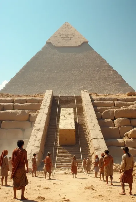 A group of ancient workers ropes a huge block up a wooden ramp, and pulls it down, with the Great Pyramid in the background. The scene shows people dressed in traditional clothing, pulling ropes attached to stones. There is dust in the air, suggesting a la...