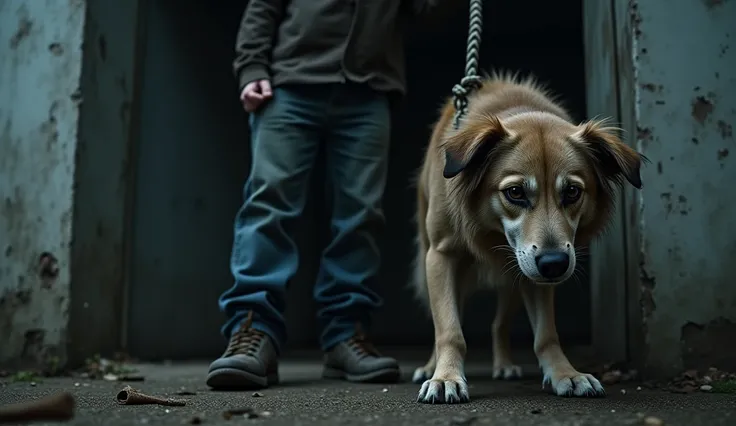 The picture depicts a dog tied to a house pillar. Its fur is disheveled, its eyes sad and full of fear. In front of it is a man.