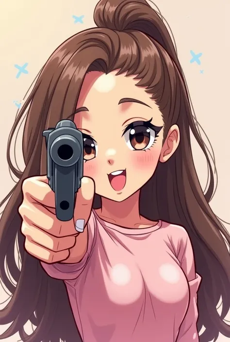 singer ARIANA GRANDE, version anime 2D. Brunette and with a gun in her hand pointing the camera.
cute