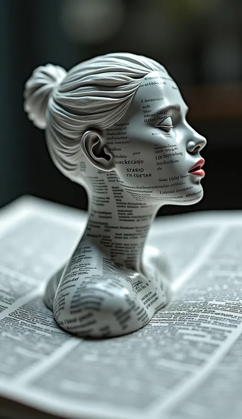 Surrealism style, a 3D figure of a sublime woman outof the cover of a newspaper magazine with a stream of words pouring out of his mouth, black and white newspaper text in flat letters, depth of field, single-lens reflex camera, intricate details, studio l...