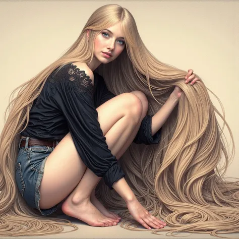 "A painting in the style of William-Adolphe Bouguereau and Karel Tholee depicting blond woman with long hair sitting on floor with long hair, long hair girl, girl with long hair, girl with super long hair, ornate long blond hair, karol bak uhd,  glorious l...