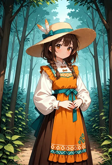 with a hat,  forest in the background , National style clothing