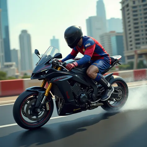 Messi is preparing a high-cylinder motorcycle accelerating it to the max against a background of a city where Messi wears Barcelona's clothes