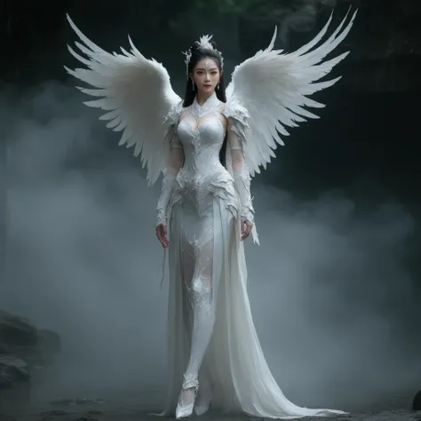 - Photorealistic with perfect details, Cinematic, Masterpiece, HD, Sexy CGI.

- Beautiful "Javanese" woman, long hair, smooth skin, red eyes.

- Wearing a costume ("Full Sexy Armor"), a costume that embodies the form of "Dove", (Chest and Thigh Armor is op...