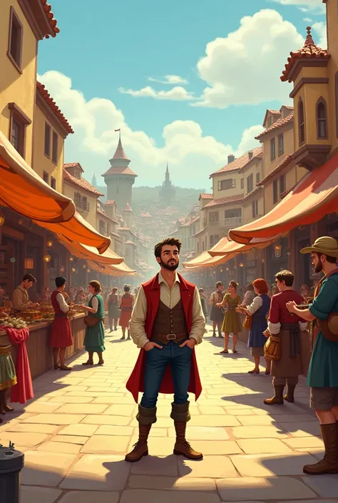  Make a man stand in a large square where goods are sold, musicians playing in the city in the Middle Ages 
The distant plan and to be like drawn in the Disney style of old cartoons