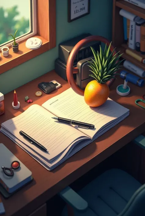 A desk with papers, pen, steering wheel and a mango.