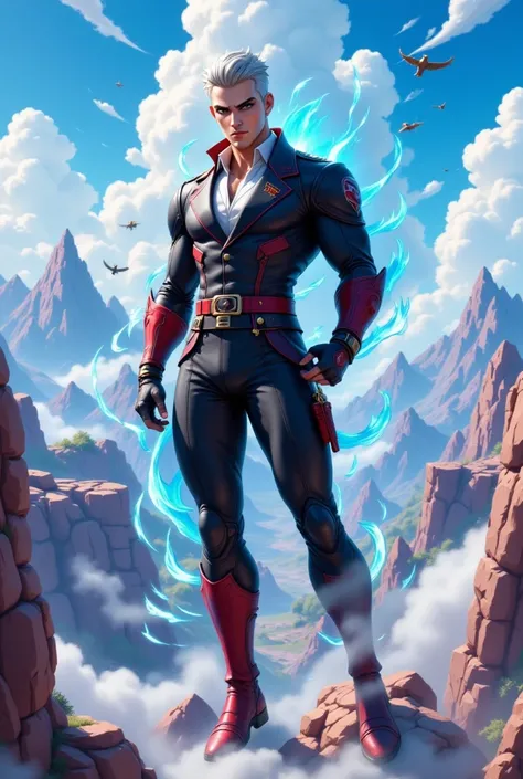  Charles Javier  (Professor X )  in Fortnite style ,  merged with the Dragon Ball world .  He appears in a dynamic pose , dressed in a suit that combines his iconic dark suit design with Dragon Ball ,  as details of the Red Patrol and a belt that highlight...