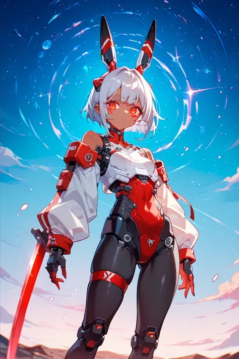  android、 short girl、Red glowing eyes、 tanned skin、 short hair、 Silver Hair、 small breasts、 White Machine Body Armor、whole body、 1 girl、 Rabbit Ears、Black Machine Mask 、black mechanical headgear、 Cosmic Space、 cyberpunk、Carrying a long sword on his back