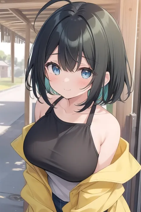 Girl who looks like an elementary, yellow outfits , 160 cm tall, black hair with a slight pink tinge, short ahoge, beautiful long hair but with a little hair sticking out, beautiful round eyes, blue eyes, boyish, big breasts,  short hair, ish face, a littl...