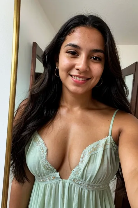  A Brazilian woman in a mirror , wearing a dress , with a close up capturing the harmonious beauty between her seductive face,   showing her natural charm and outgoing personality, taking a very natural selfieView from above,  Full body photo High resoluti...