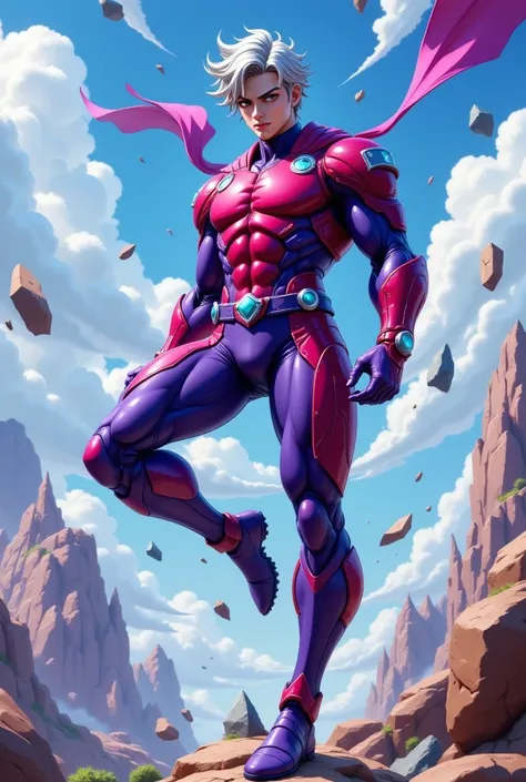 Fortnite style Magneto ,  merged with the Dragon Ball world .  He appears in a powerful pose ,  wearing a suit that combines his iconic design in purple and red tones with Dragon Ball ,  such as details of the Red Patrol and a belt that highlights his athl...