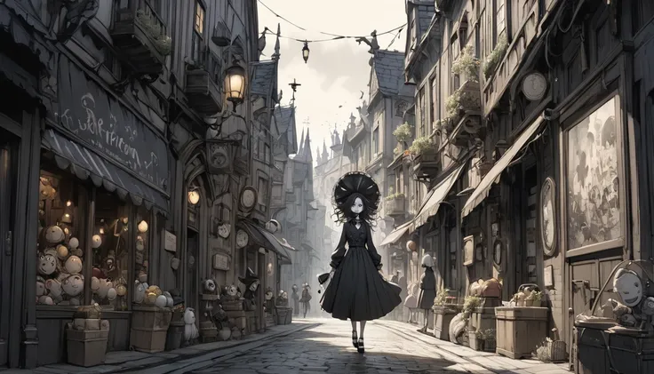 god、  Tim Burton's World、   top quality  ,  Masterpiece,    high detail,    looks like a scene from the movie、Girl wandering around town、