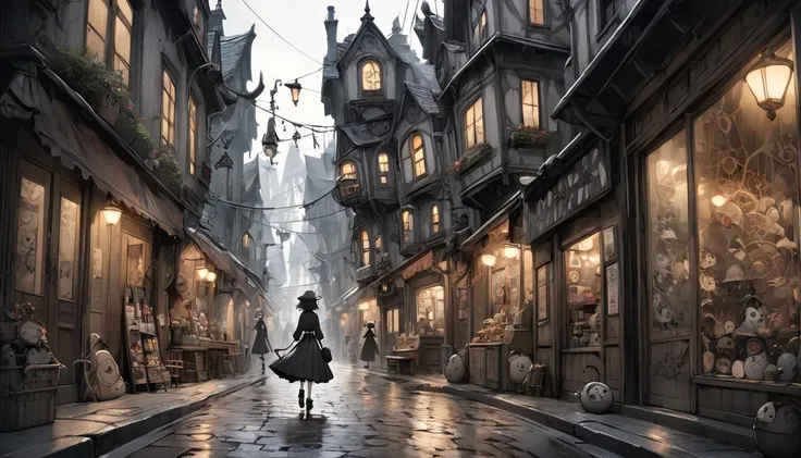 god、  Tim Burton's World、   top quality  ,  Masterpiece,    high detail,    looks like a scene from the movie、Girl wandering around town、