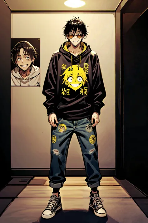  Appearance

At first glance ,  Haruto seems like a perfectly normal man .  He wears a sweatshirt gray with a yellow smile printed on the chest ,  worn jeans and sneakers .  His hair is short and messy ,  and he always wears sunglasses even if there is no ...