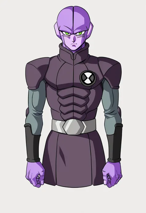 hitdb, score_9, source_anime, purple skin, green eyes, fullbody, ben10, insignia en el cinturon