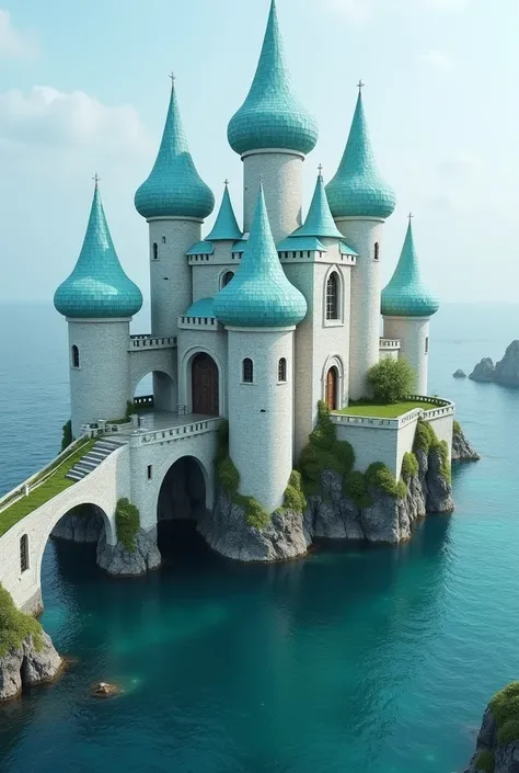 A magical white ocean castle on the surface of the ocean with round towers and aquamarine round tops. Very magical and covered seaweed. The castle is split into separate sections connected by tall bridges. 