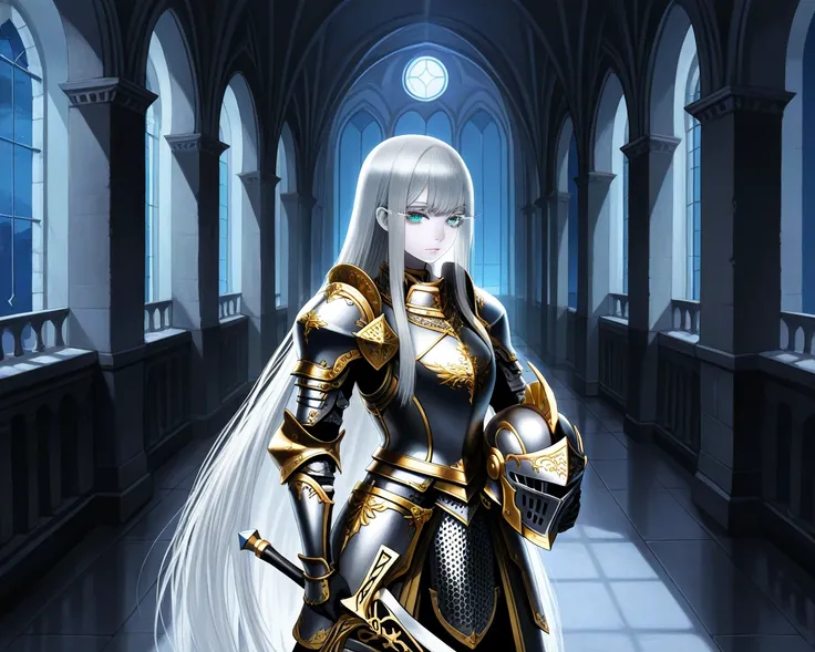 1 girl,medium mature,standing,strong serene look at viewer,aqua eyes,really light Grey pale skin,silver hair,mid long hair,straight hair,silver eyelashes,silver eyebrows,black bronze plate armor,holding the helmet at his waist,posing in semi profile with a...