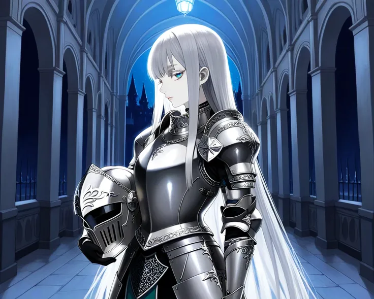 1 girl,medium mature,standing,strong serene look at viewer,aqua eyes,really light Grey pale skin,silver hair,mid long hair,straight hair,silver eyelashes,silver eyebrows,black bronze plate armor,holding the helmet at his waist,posing in semi profile with a...