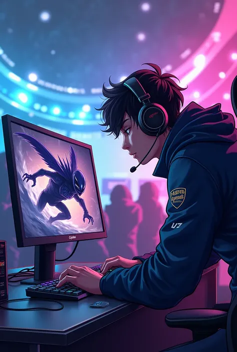 Anime style: a professional player of the hero Helcurt from Mobile Legends bang bang in front of the computer in a tournament