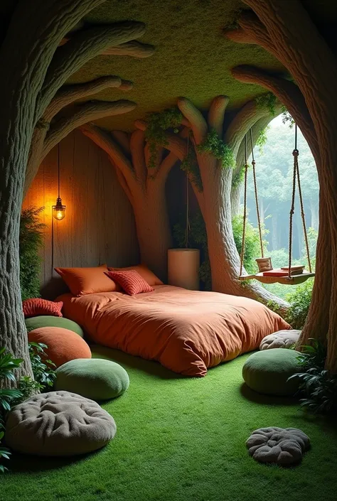 A cozy bedroom meant to resemble a forest, the bed is located in a crook that looks like a fox den. Its very padded and soft in general, with nothing sharp or dangerous. It has a thick grass-like carpet, with beanbags that look like stones and bushes. Ther...