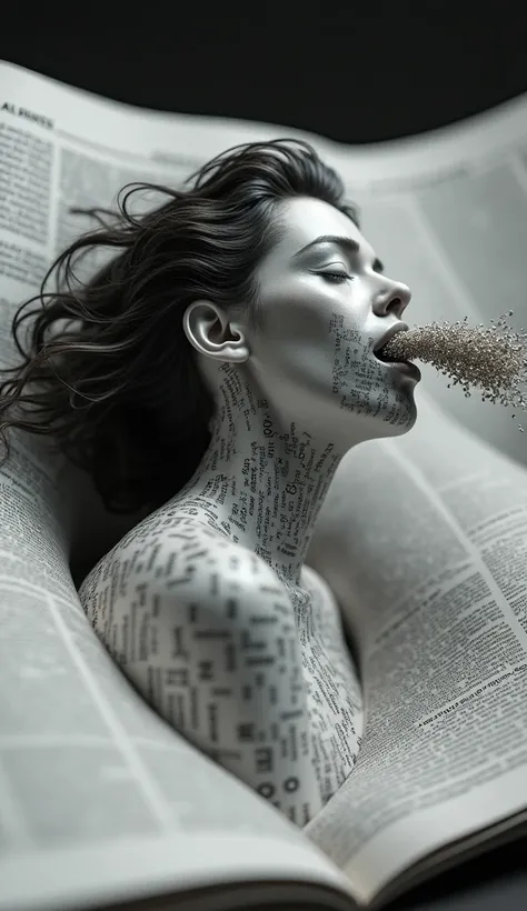 Surrealism style, a 3D figure of a sublime woman outof the cover of a newspaper magazine with a stream of words pouring out of his mouth, black and white newspaper text in flat letters, depth of field, single-lens reflex camera, intricate details, studio l...