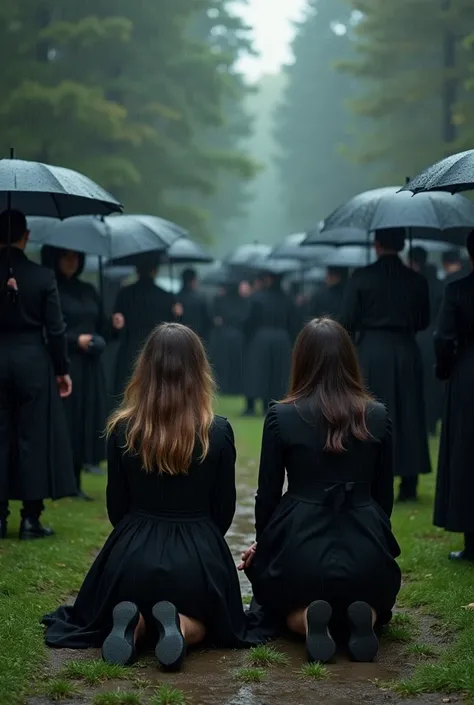 Make art for cover book, For 4 people, 2 women and 2 men dressed in black, kneeling in front of their friend's grave, surrounded by people dressed in black and carrying umbrellas because it was raining. 