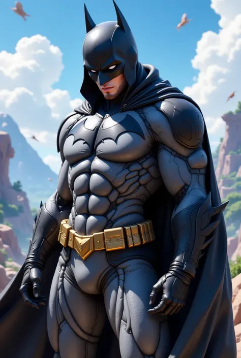 Fortnite style Batman ,  merged with the Dragon Ball world .  He appears in a powerful pose , wearing a costume that combines his iconic black and gray design with Dragon Ball , such as details of the Red Patrol and a belt that highlights his athletic figu...