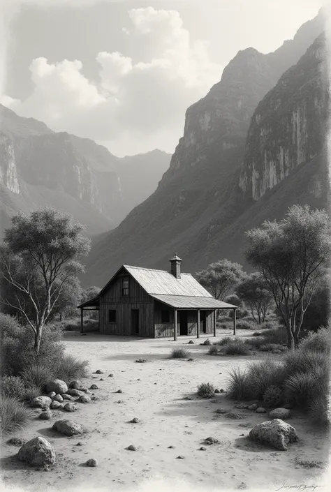 A charcoal portrait of a house in . South Africa, mountain water, clouds, beach, planting trees 