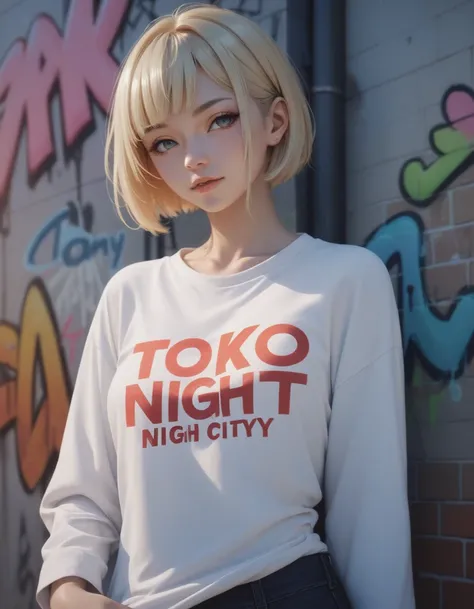 A japanese girl. Blonde short hair with bangs. Long sleeve t-shirt. Graffiti. Tokyo night city street.