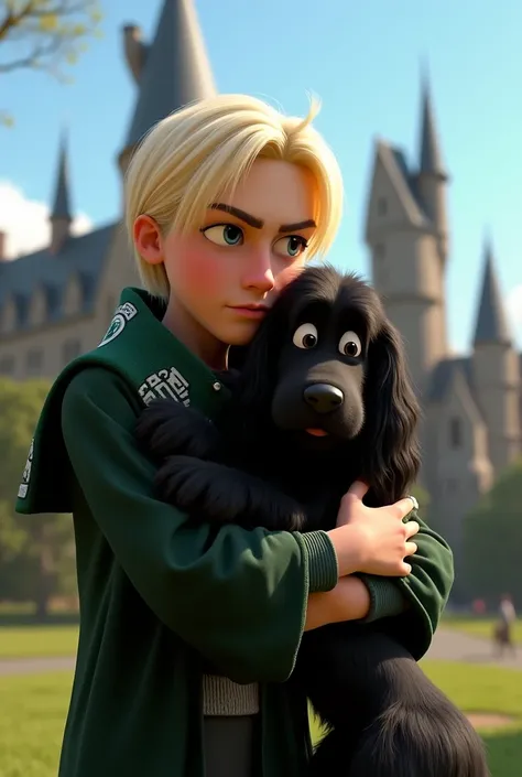 Draco Malfoy hugging a black cocker with Slytherin scarf and hogwars in the background animation