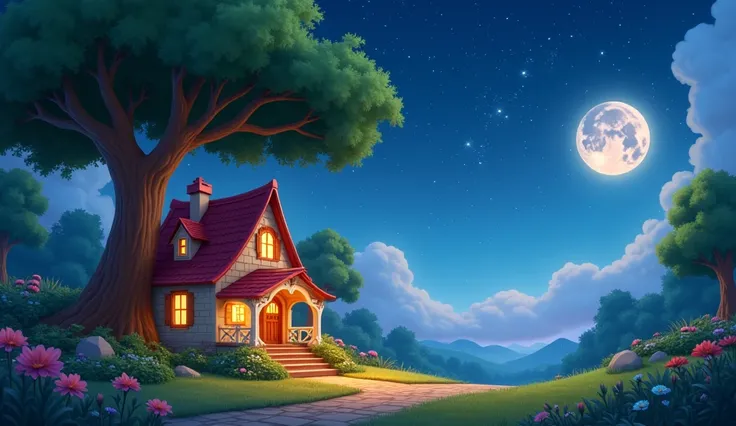 a beautiful house with a garden and a tree next to it where you can see the stars and the moon 3d animation Disney inspired