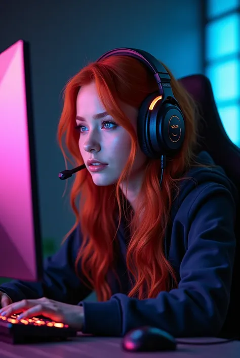 A beautiful woman with red hair plays Valorant in a dedicated gaming computer