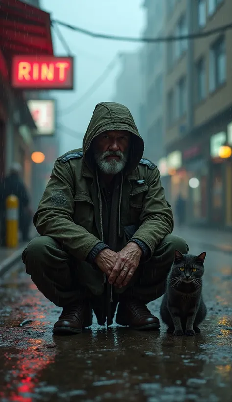 1 arafed man sitting on the ground in the rain with his shoes on, cyberpunk homeless, homeless, sad man, destitute, want to cat friend ead foood 