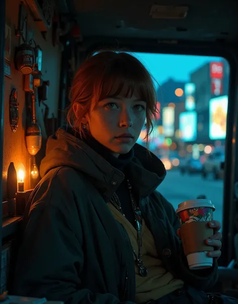 cinematic Photorealistic picture of a beautiful short ginger hairstyle homeless girl, sitting inside her opening door van home with a cup of take away coffe cup, hungry, try to stay positive in her uncertain future, sad eye, bokeh, shallow depth of field, ...