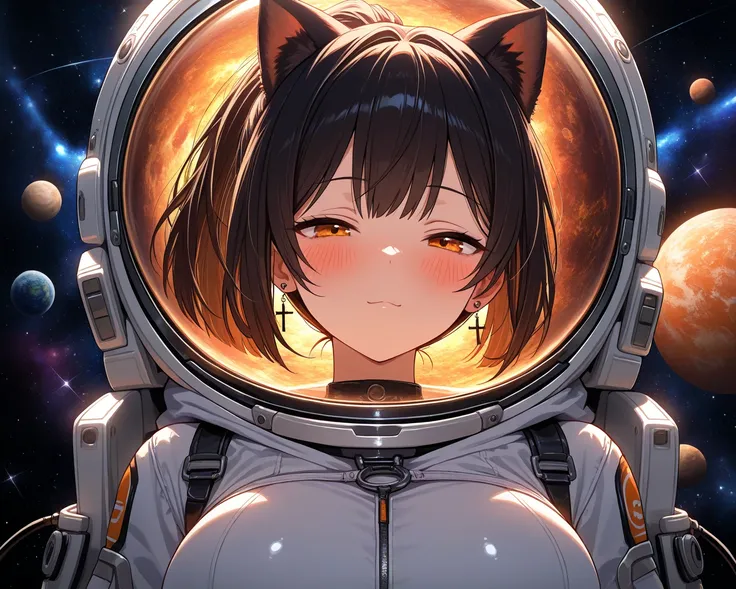 portrait, cat ears, half closed eyes, orange eyes, very cute face, cute girl, solo, short hair, ponytail hair, ((Black hair with brown ends)), large breasts, An astronaut costume, cross Pierced earrings, blush, curvy beauty, flawless smooth skin, space shi...