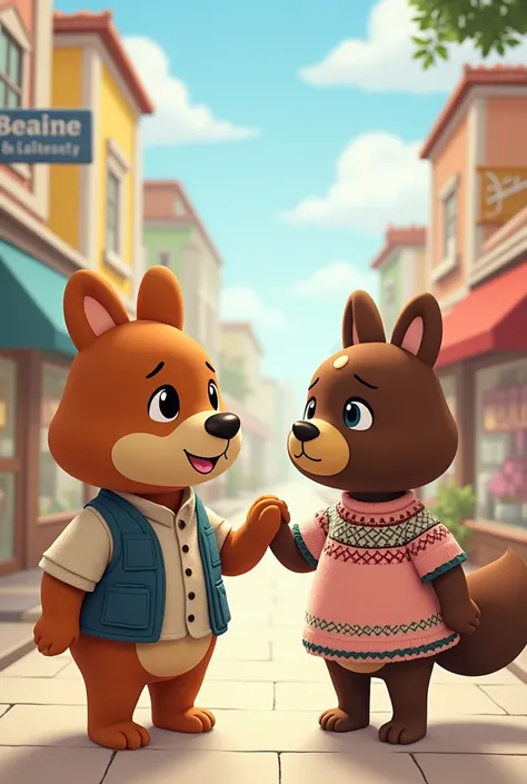 Draw an image of Tom Nook and Sable Able from Animal Crossing greeting each other