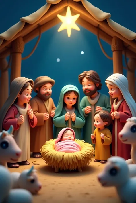 The birth of the baby Jesus in the stable with people and animals around, 3d cartoon style