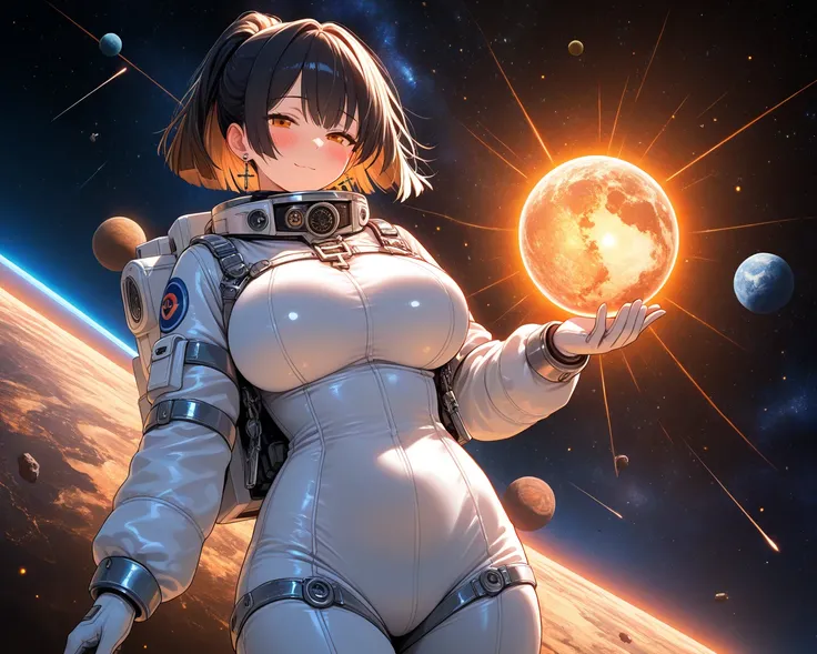 cowboy shot, half closed eyes, orange eyes, very cute face, cute girl, solo, short hair, ponytail hair, ((Black hair with brown ends)), large breasts, An astronaut costume, cross Pierced earrings, blush, curvy beauty, flawless smooth skin, space, space shi...