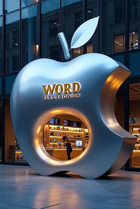 
"A large futuristic apple ,  inspired by the Apple ,  serves as a framework for a technology store .  shape. Its metallic surface reflects soft lights ,  giving a sophisticated shine . . The entrance is an elegant cutout on the side of the apple , , revea...