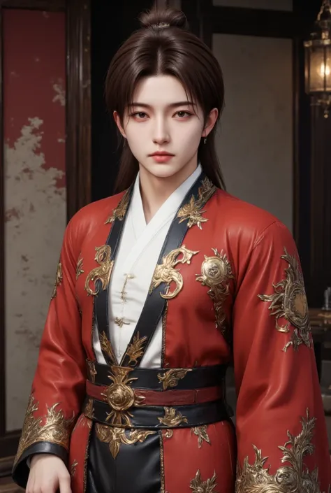 20-Year-Old Handsome Man Wearing Antique Chinese Hanfu Dress, qqmix handsome face, sharp eyes, charming nose, white skin, long hair