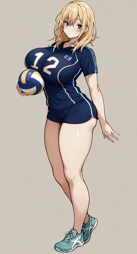 masterpiece, 1 girl, solo,volleyball girl, volleyball outfit, number one tshirt,small spot shorts,, around hips, thicc legs, Big saggy breast, perfect legs,shorts hair, tímida gaze, large saggy breast, around ass,Blonde hair,