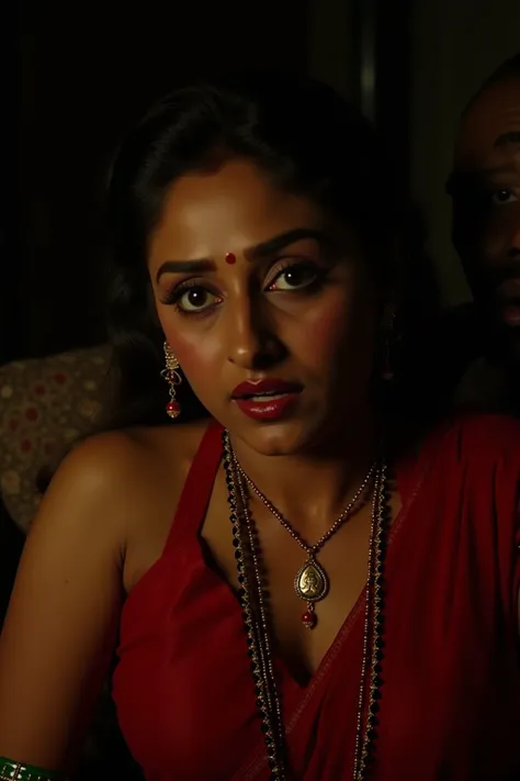 in a dimly light setting A naughty and curvaceous light neutral skin tone woman in traditional attire, wearing a deep red messed up elegant saree, no blouse piece, bare breast and intricate jewelry glass green bangles and a red small bindi between her eyeb...