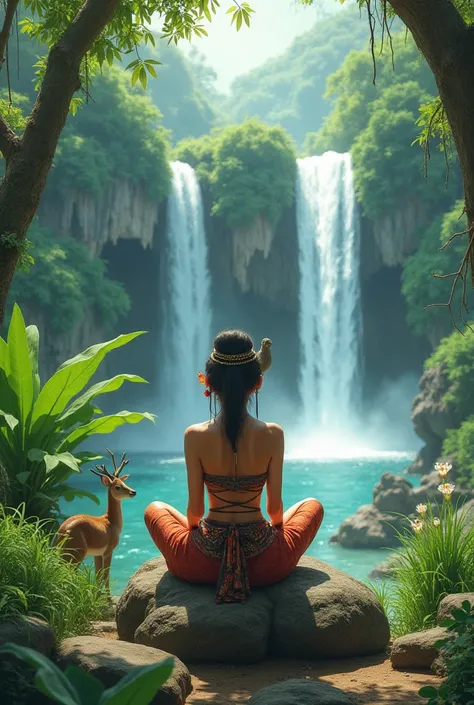 A serene scene depicting a person sitting cross-legged on a rock, facing away towards a lush forest with two waterfalls cascading in the background. The individual wears traditional attire, with a patterned sarong and a distinct headpiece, and has a small ...