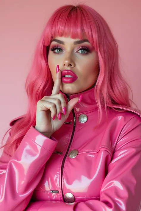 A sissy with vibrant pink hair, bold pink lipstick, and large, glossy pink nail polish. Wearing a shiny pink latex army jacket, striking a confident pose with one finger placed gently on their lips, as if saying 'shh' or 'shut up.