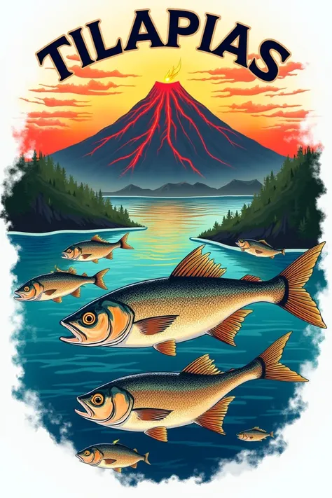  Logo of a business selling roasted tilapia .  The background of the logo with a volcano and a lake on the shore . The name of the business is  : Tilapias from the pier ,  this name must be on the logo .  Create with bright colors   