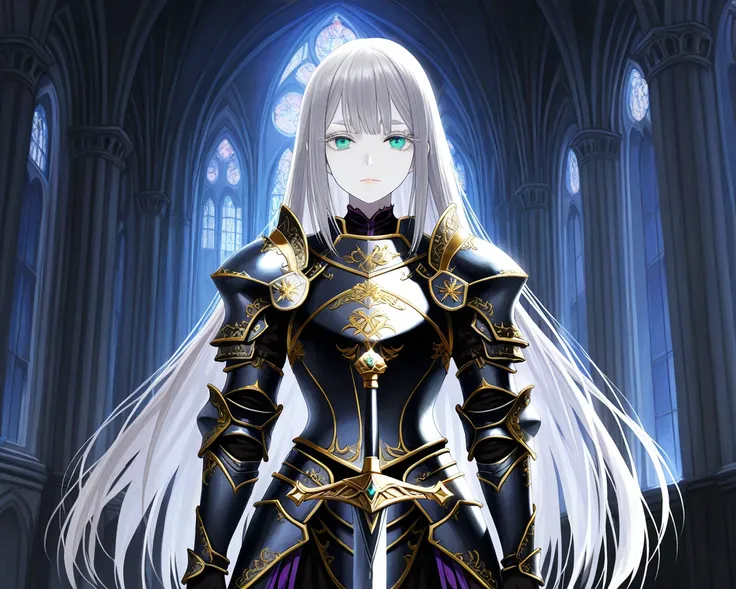 1 girl,medium mature,standing,strong serene look at viewer,aqua eyes,really light Grey pale skin,silver hair,mid long hair,straight hair,silver eyelashes,silver eyebrows,black bronze plate armor,violet trim on the armor,holding with the left hand the helme...